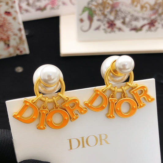 Dior Orange Brass Logo Earrings