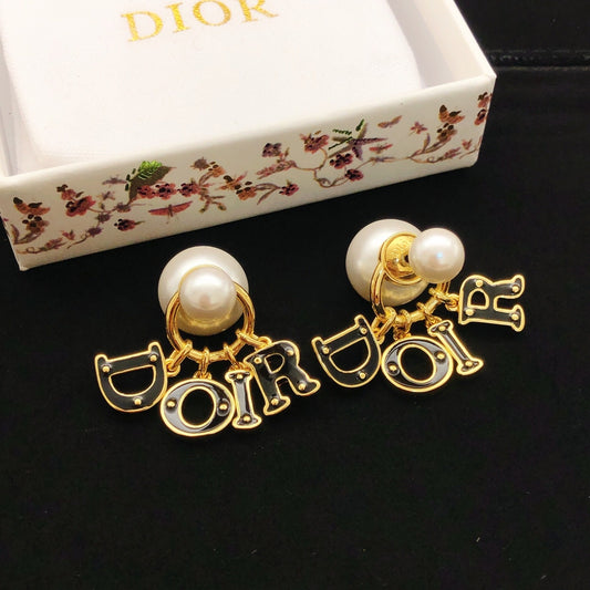 Dior Black Brass Logo Earrings