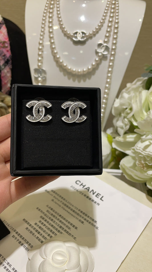 Chanel White Brass Crystal Earrings