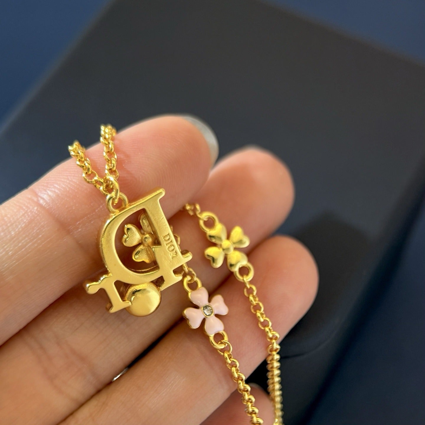 Dior Pink Brass Clover Necklace