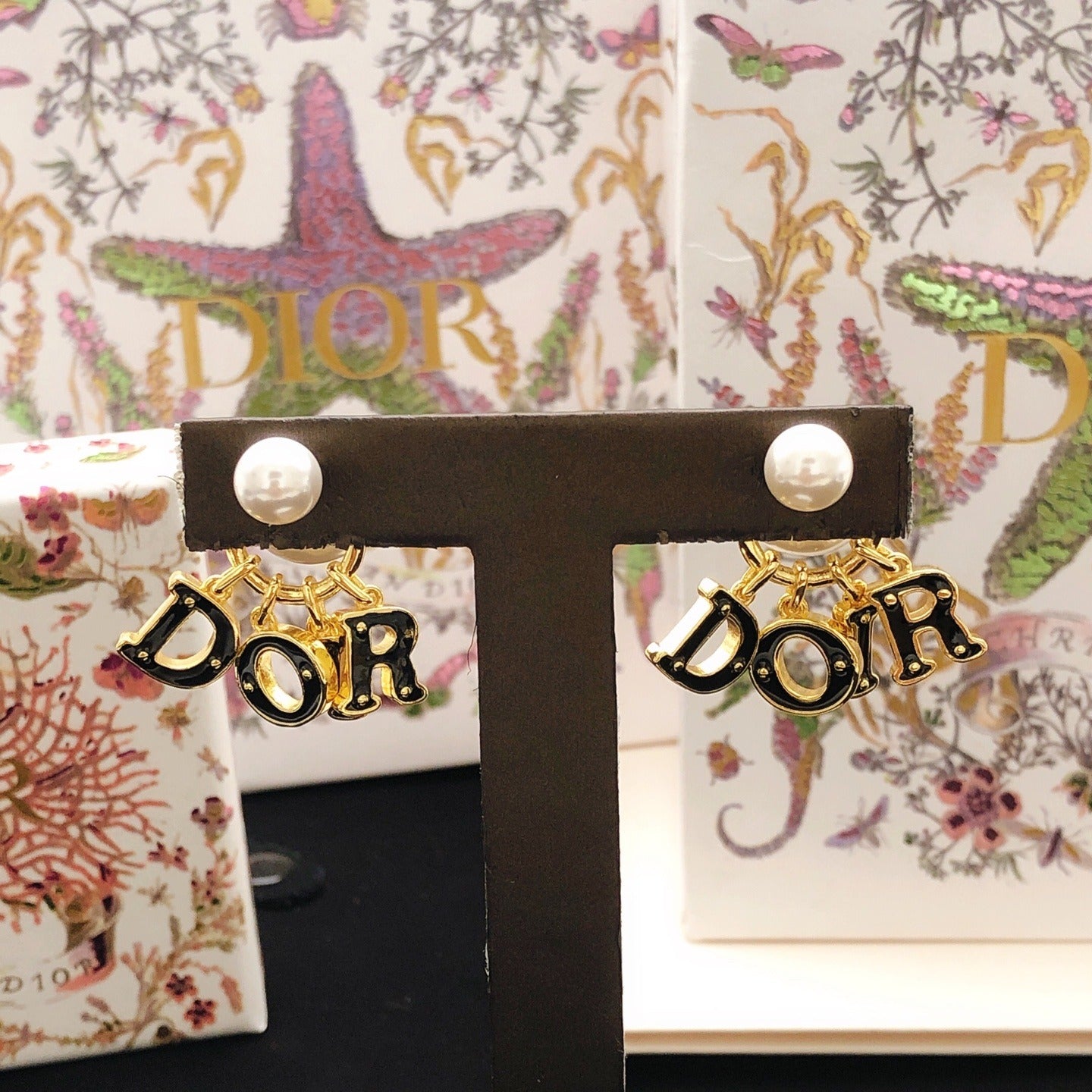 Dior Black Brass Logo Earrings