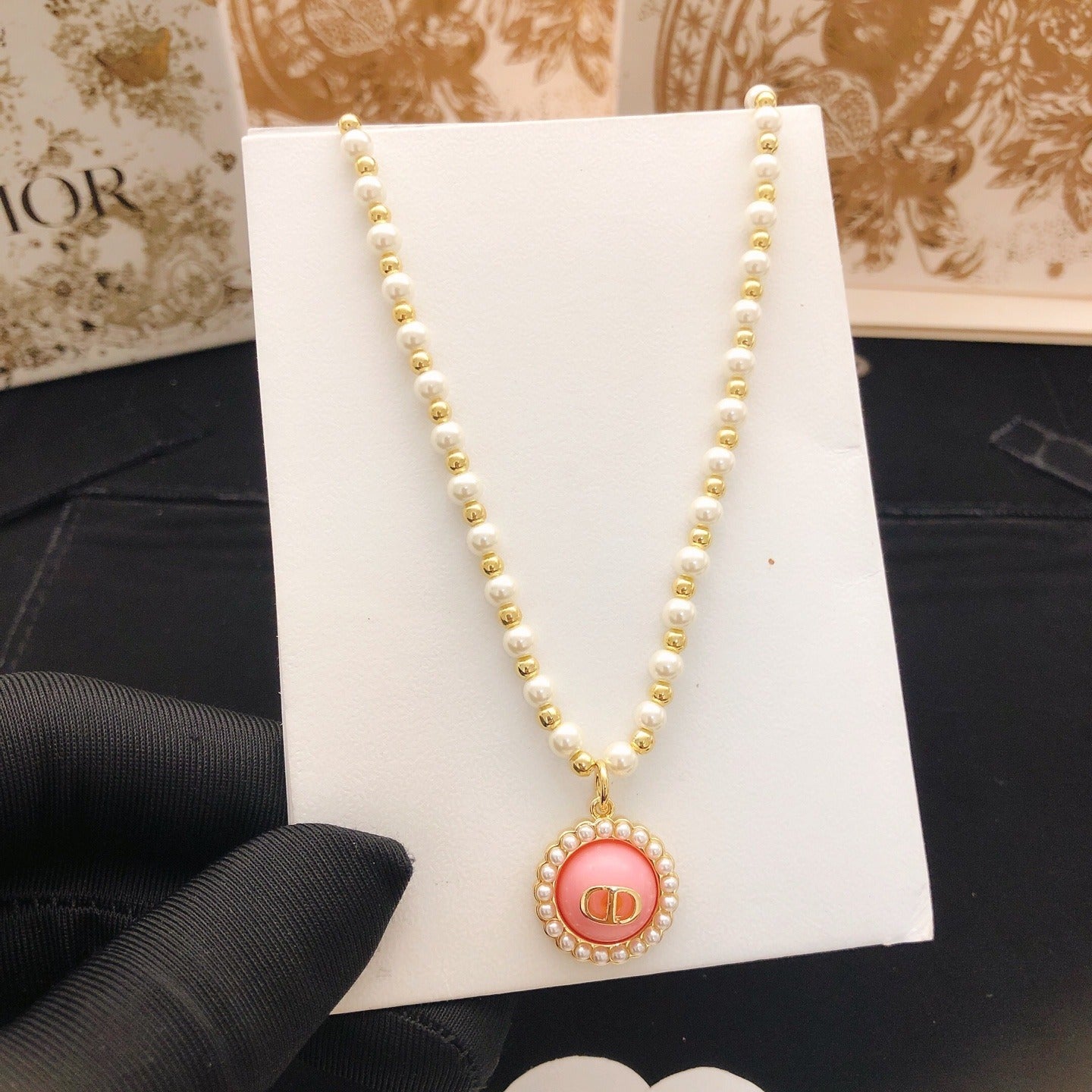 Dior Pink Brass Pearl Necklace