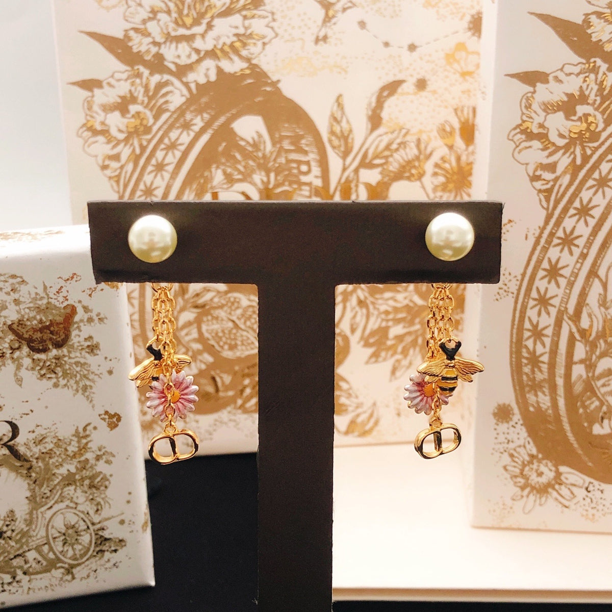 Dior Pink Brass Bee Earrings
