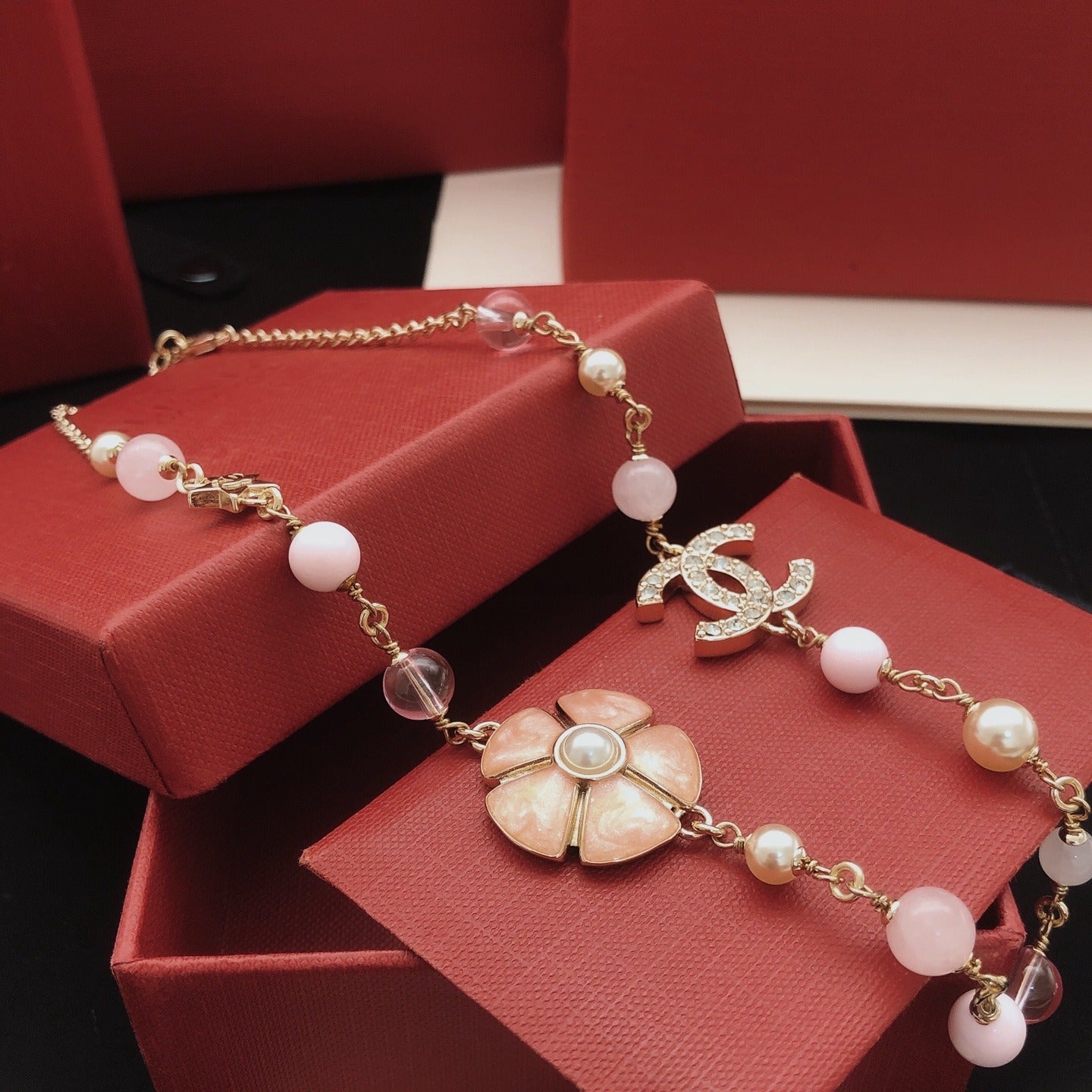 Chanel Pink Brass Floral Necklace