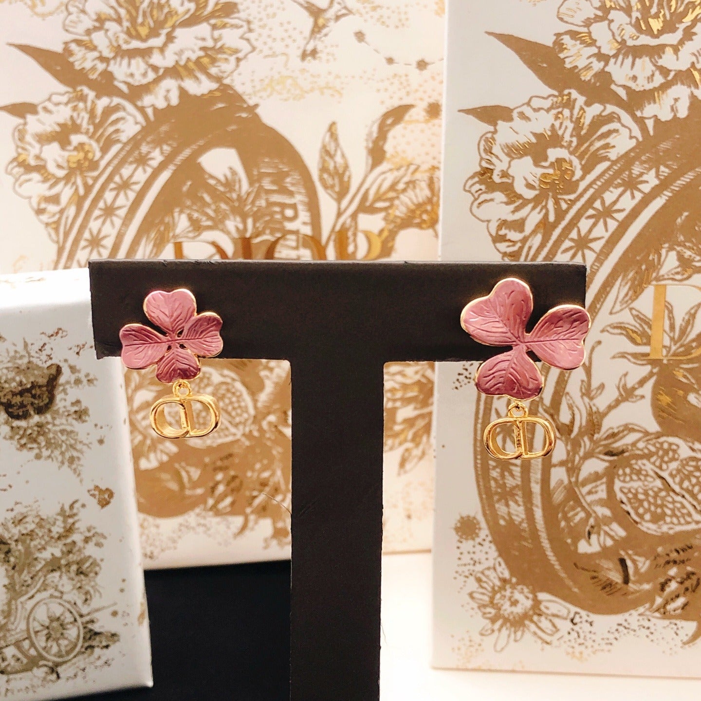 Dior Pink Brass Clover Earrings