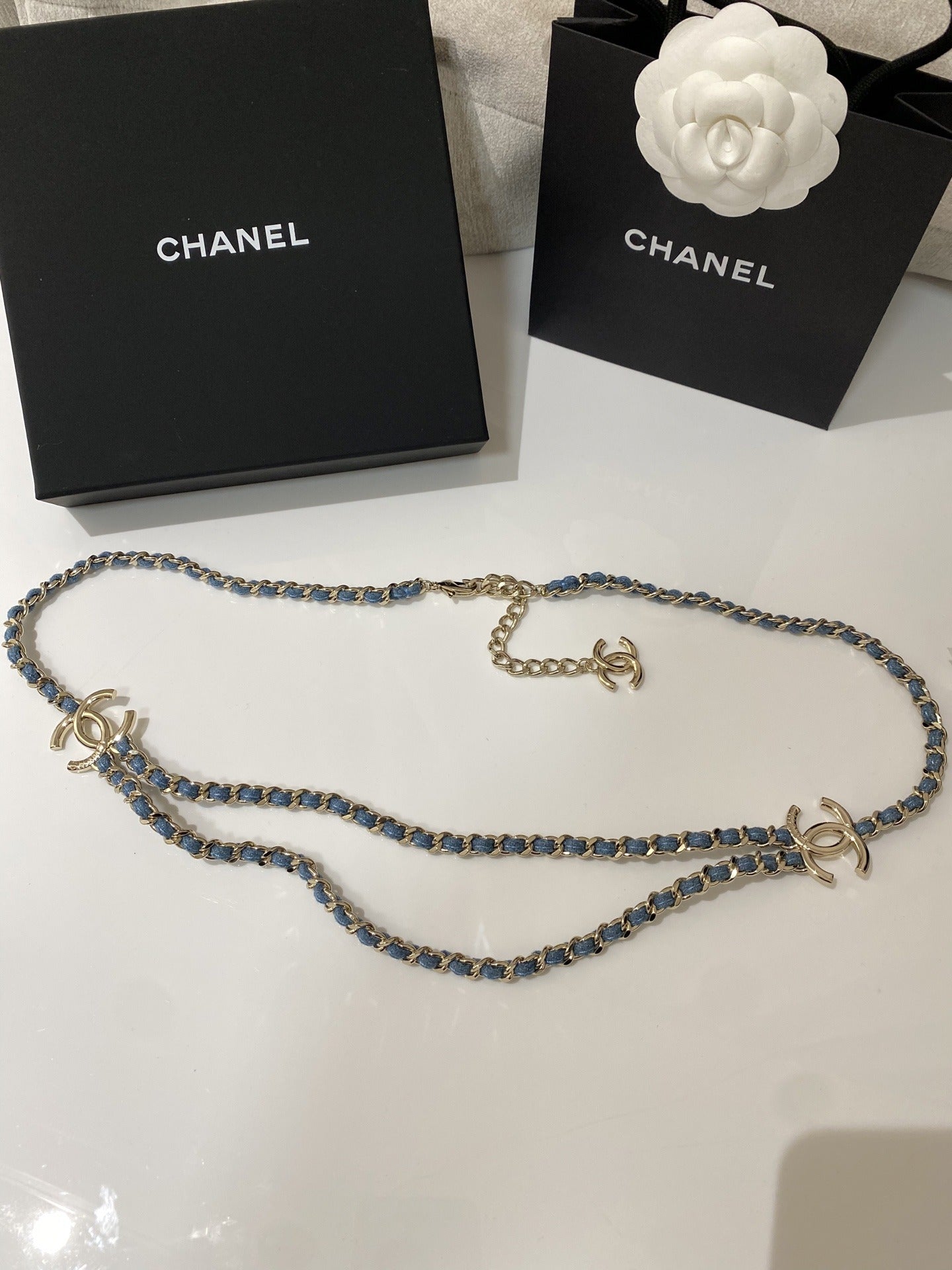 Chanel Light Blue Denim Chain Necklace