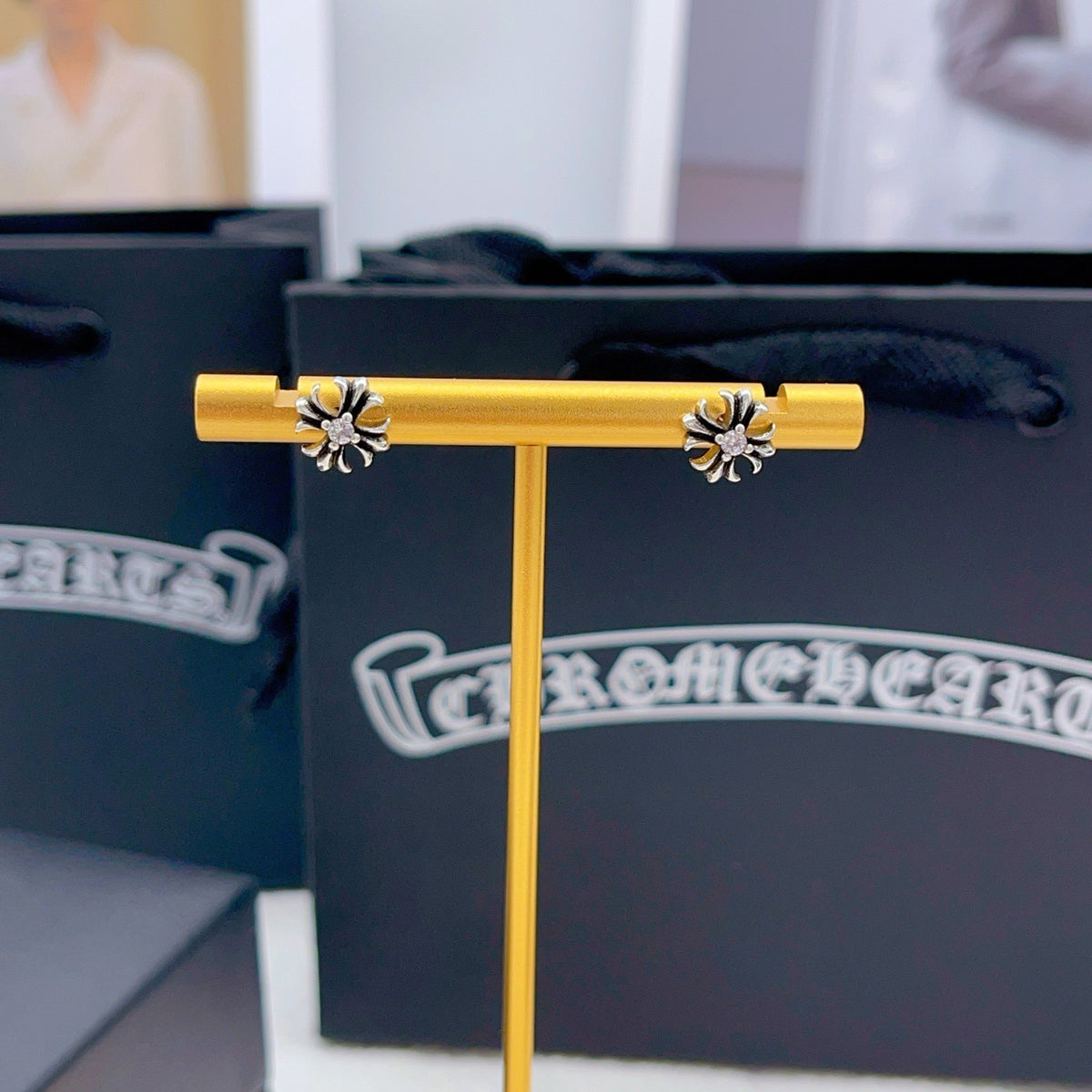 Chrome Hearts Silver Brass Solitaire Earrings