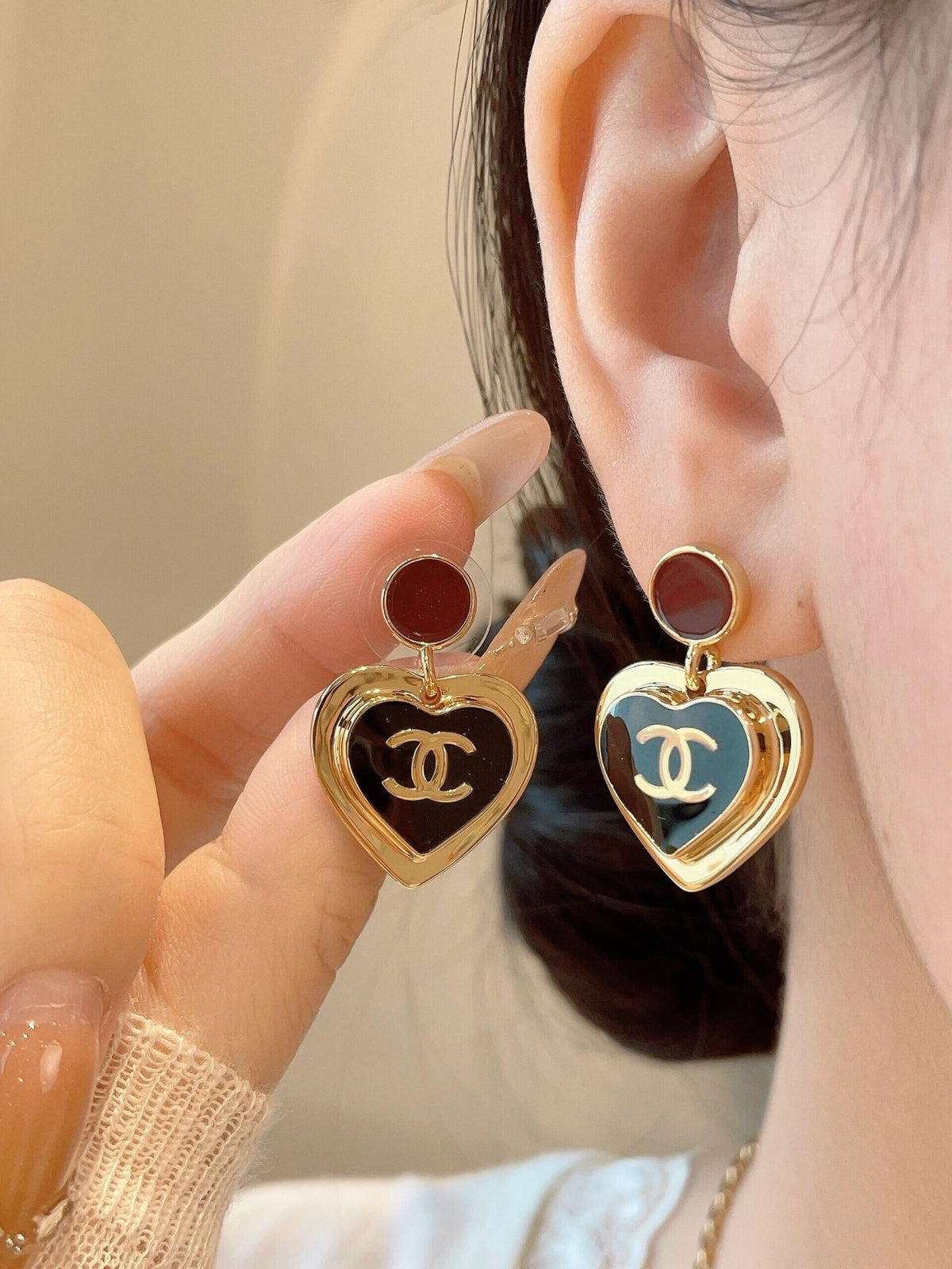 Chanel Black Brass Heart Earrings