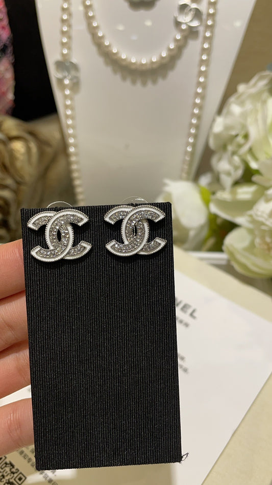 Chanel White Brass Crystal Earrings