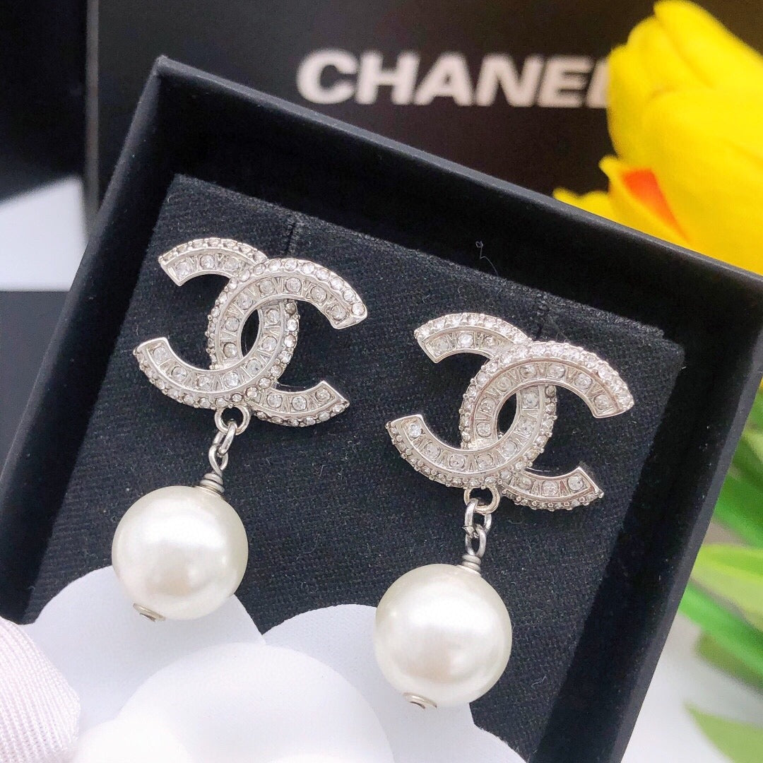Chanel Silver Sterling Silver & Brass Pearl Earrings