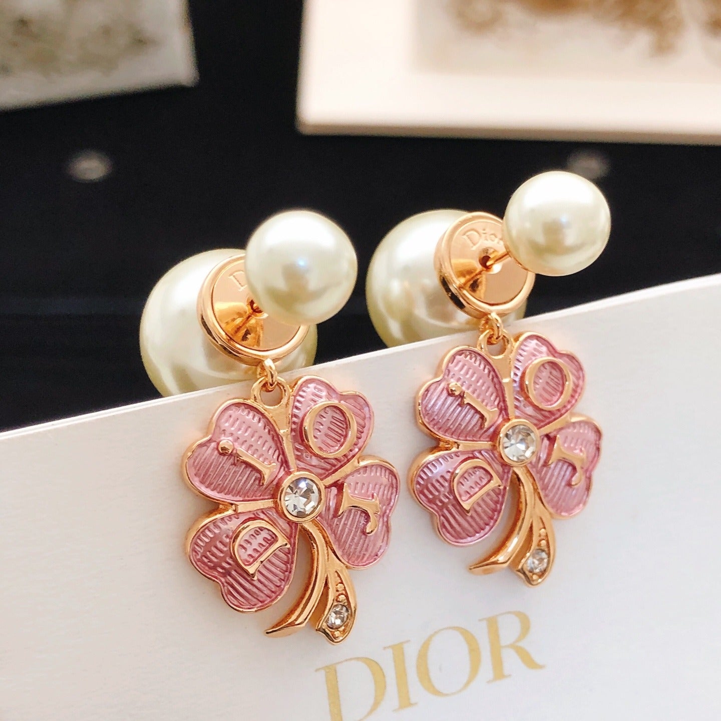 Dior Pink Brass Clover Earrings