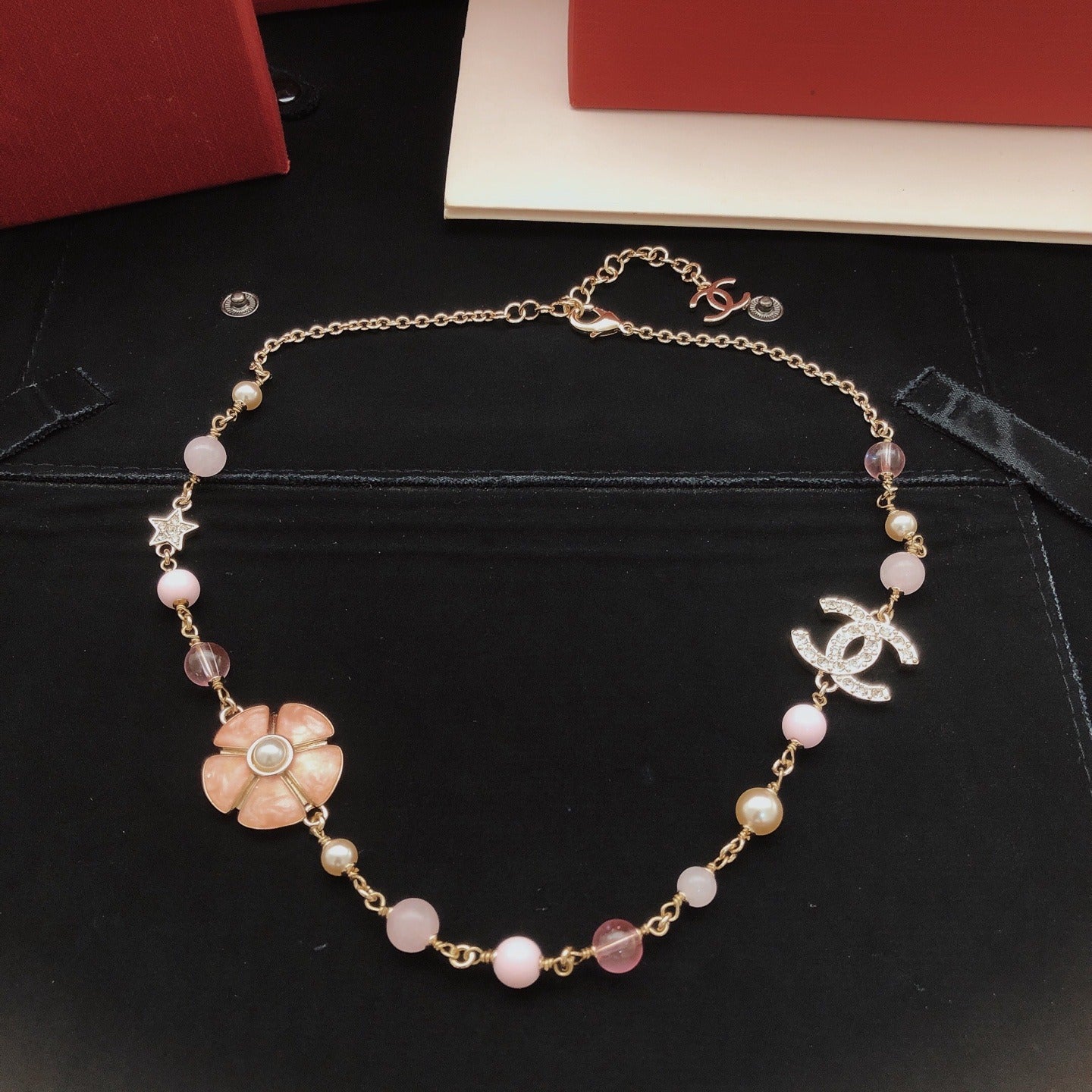 Chanel Pink Brass Floral Necklace