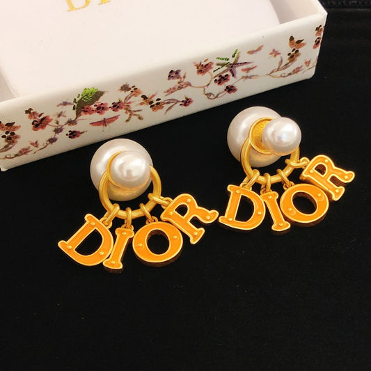 Dior Orange Brass Logo Earrings