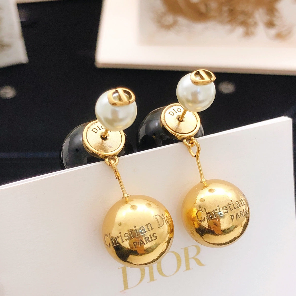 Dior Black Brass Pearl Earrings