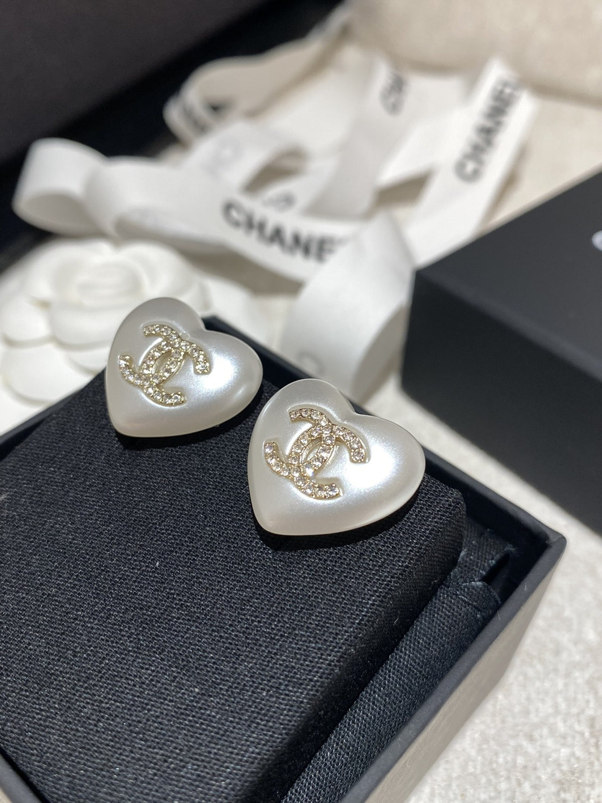 Chanel White Sterling Silver Heart Earrings