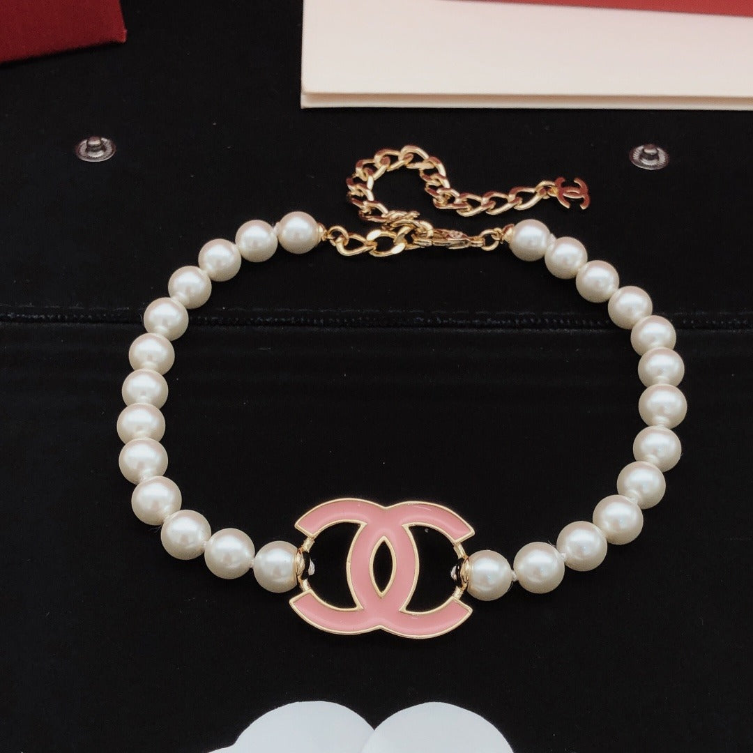 Chanel Pink Brass Pearl Necklace