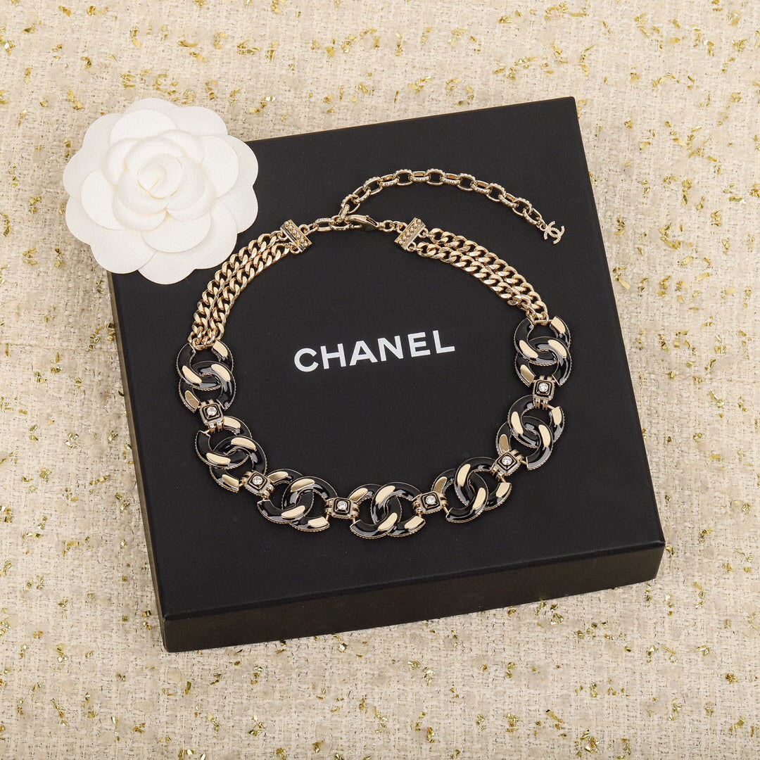 Chanel Black Brass Logo Necklace