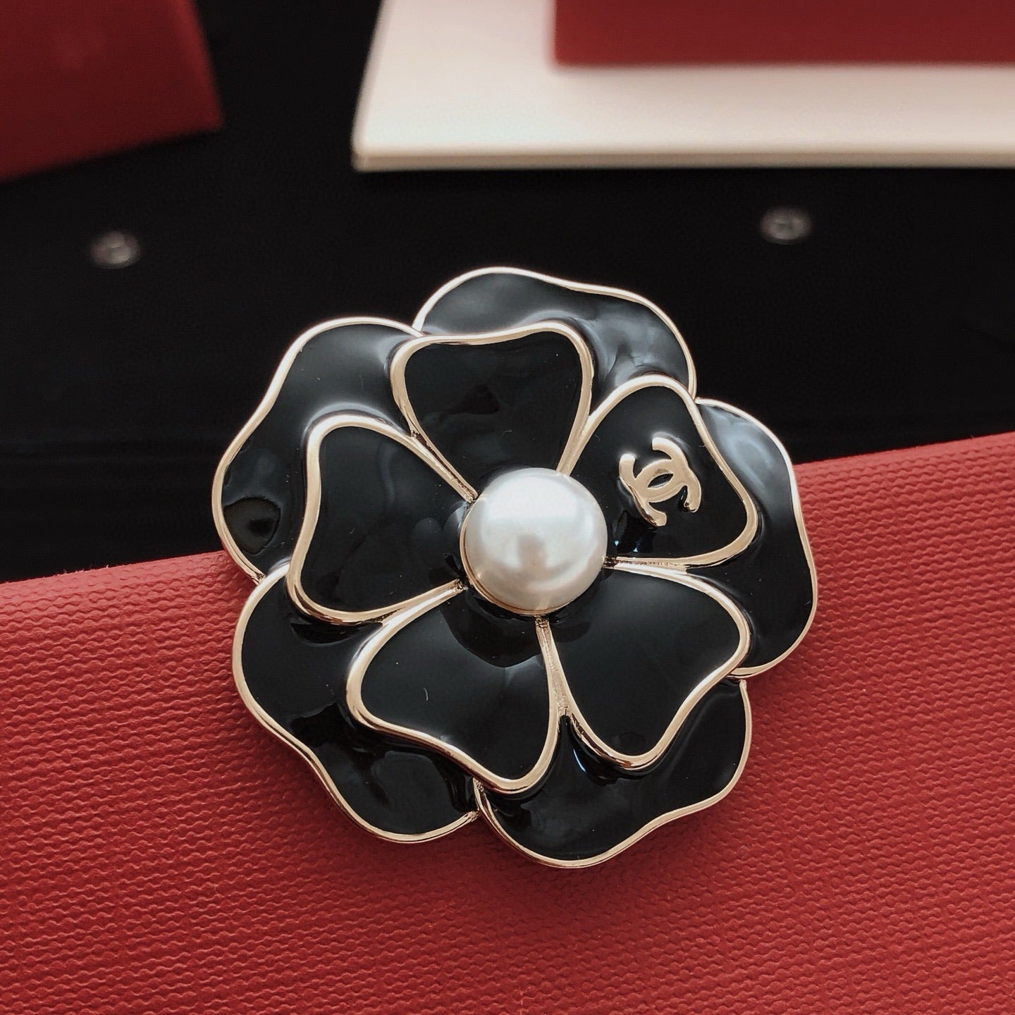 Chanel Black Brass Floral Brooch