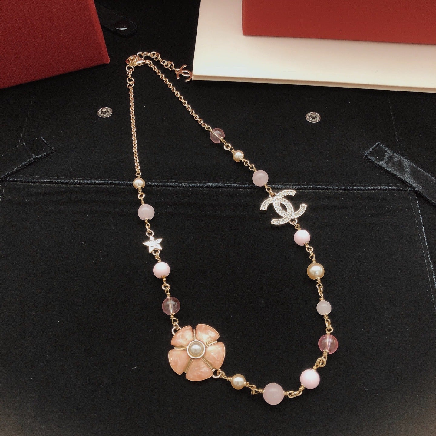 Chanel Pink Brass Floral Necklace