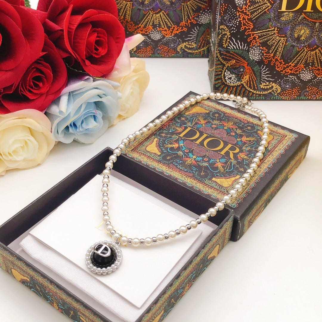 Dior Black Brass Pearl Necklace