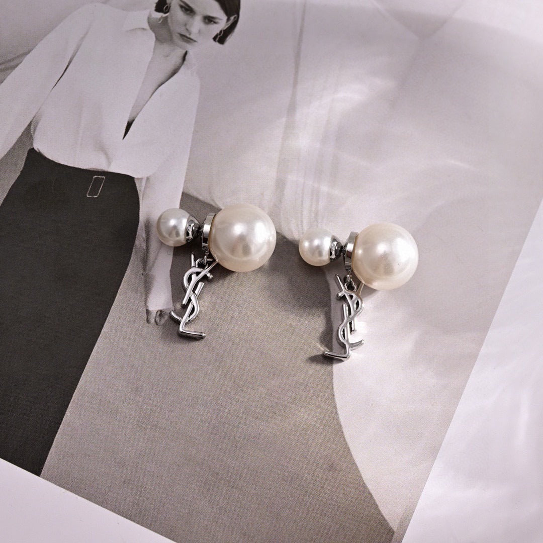 Saint Laurent Brass Pearl Earrings
