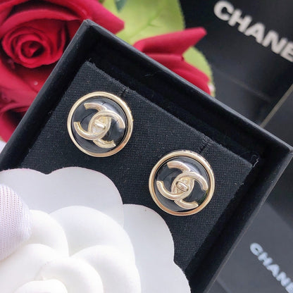 Chanel Black Brass Round Earrings