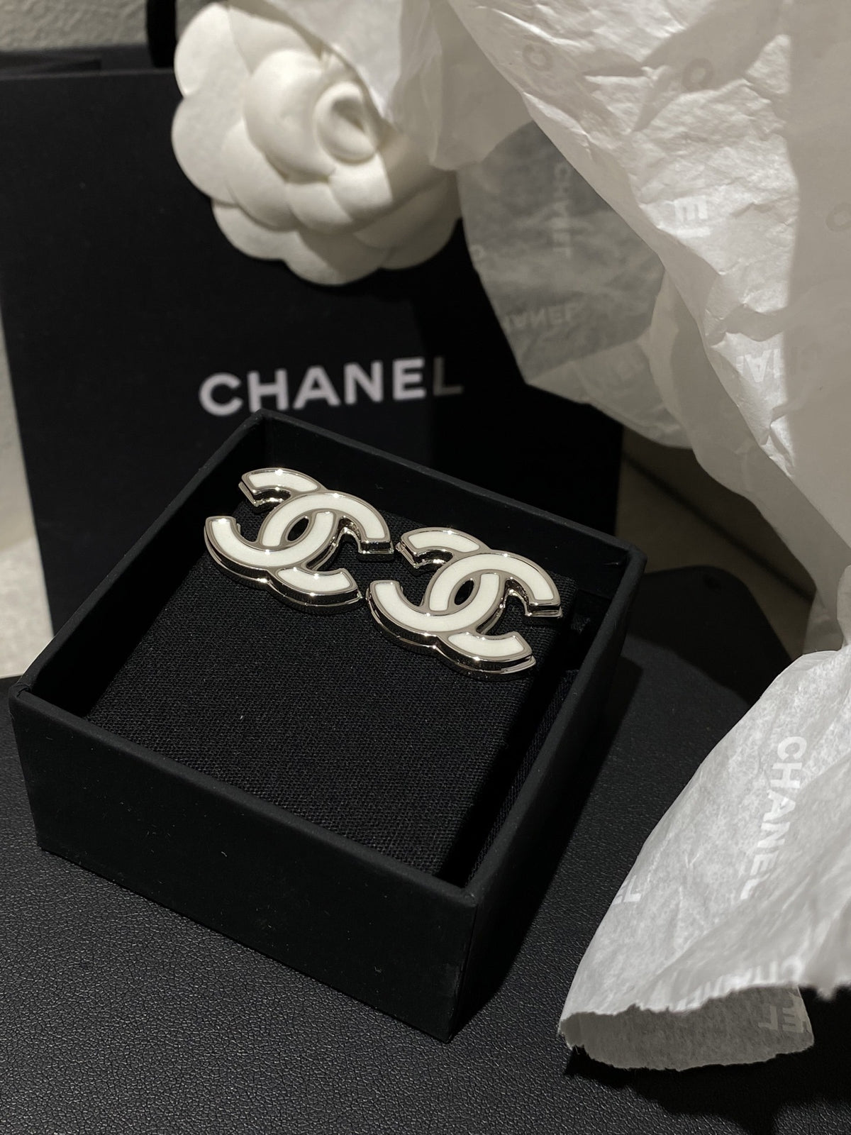 Chanel White Enamel Earrings