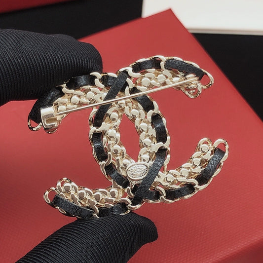 Chanel Leather & Brass Brooch
