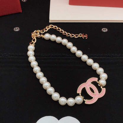 Chanel Pink Brass Pearl Necklace