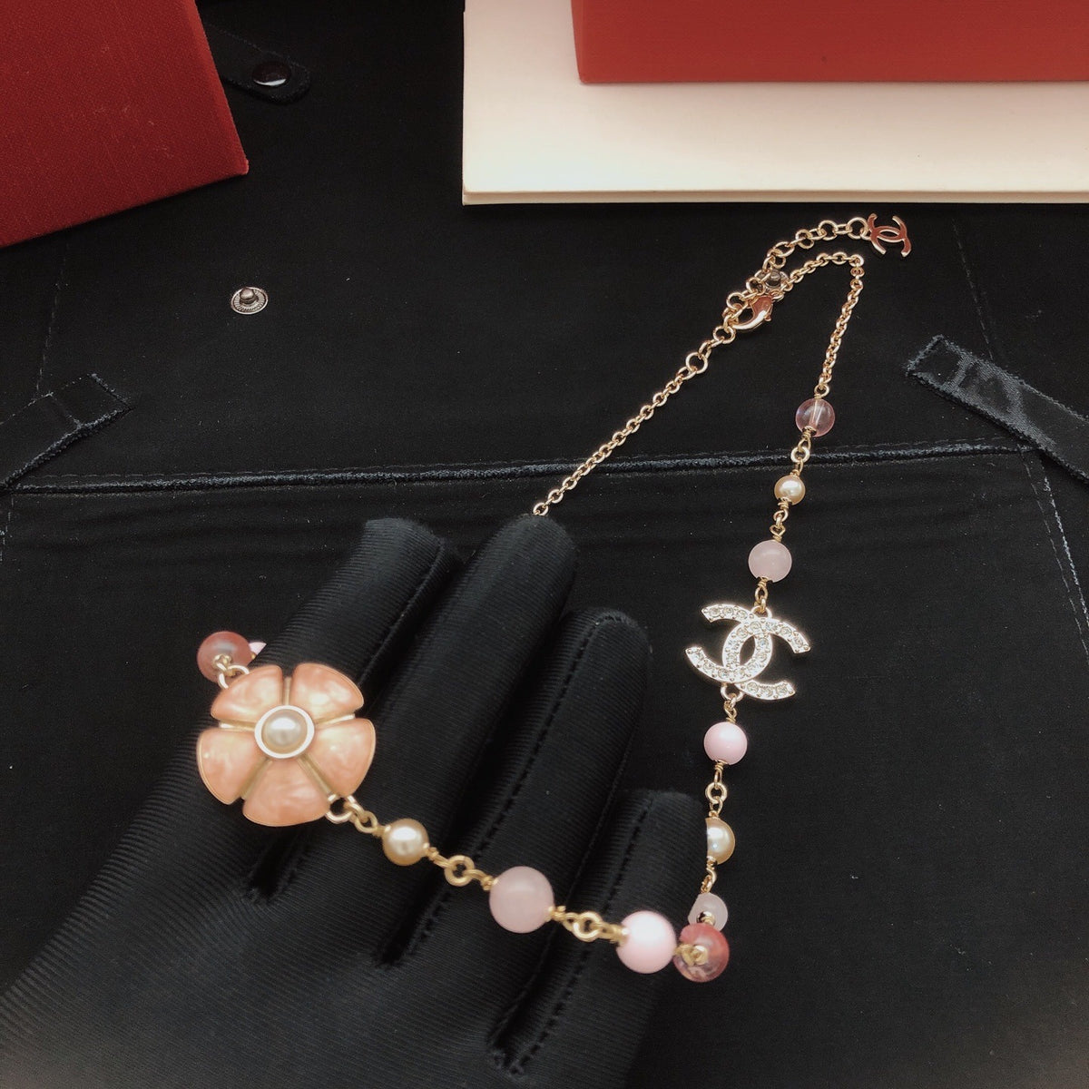 Chanel Pink Brass Floral Necklace