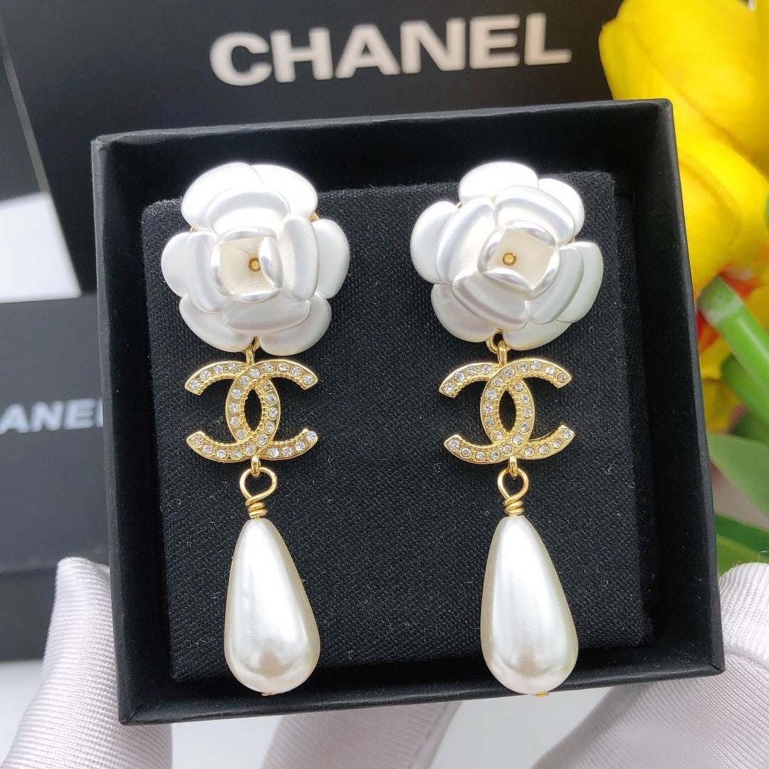Chanel White Floral Earrings