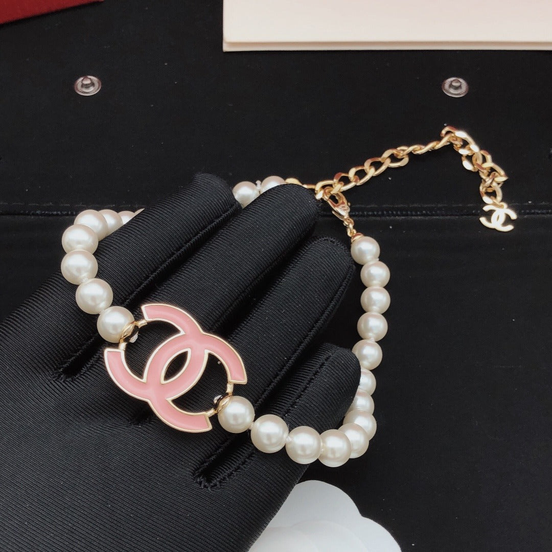 Chanel Pink Brass Pearl Necklace