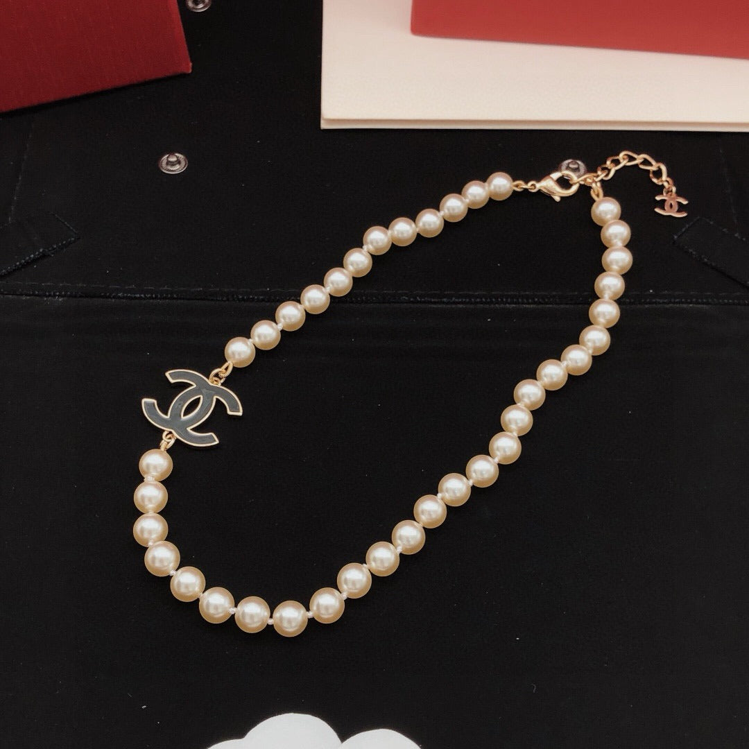Chanel Black Brass Pearl Necklace