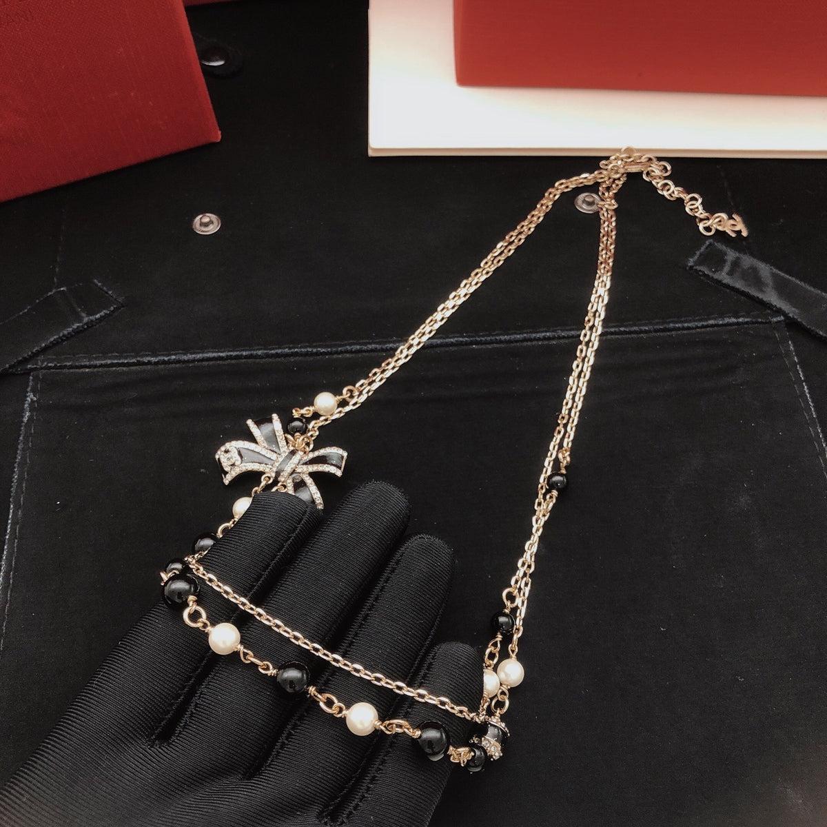 Chanel Black Brass Bow Necklace