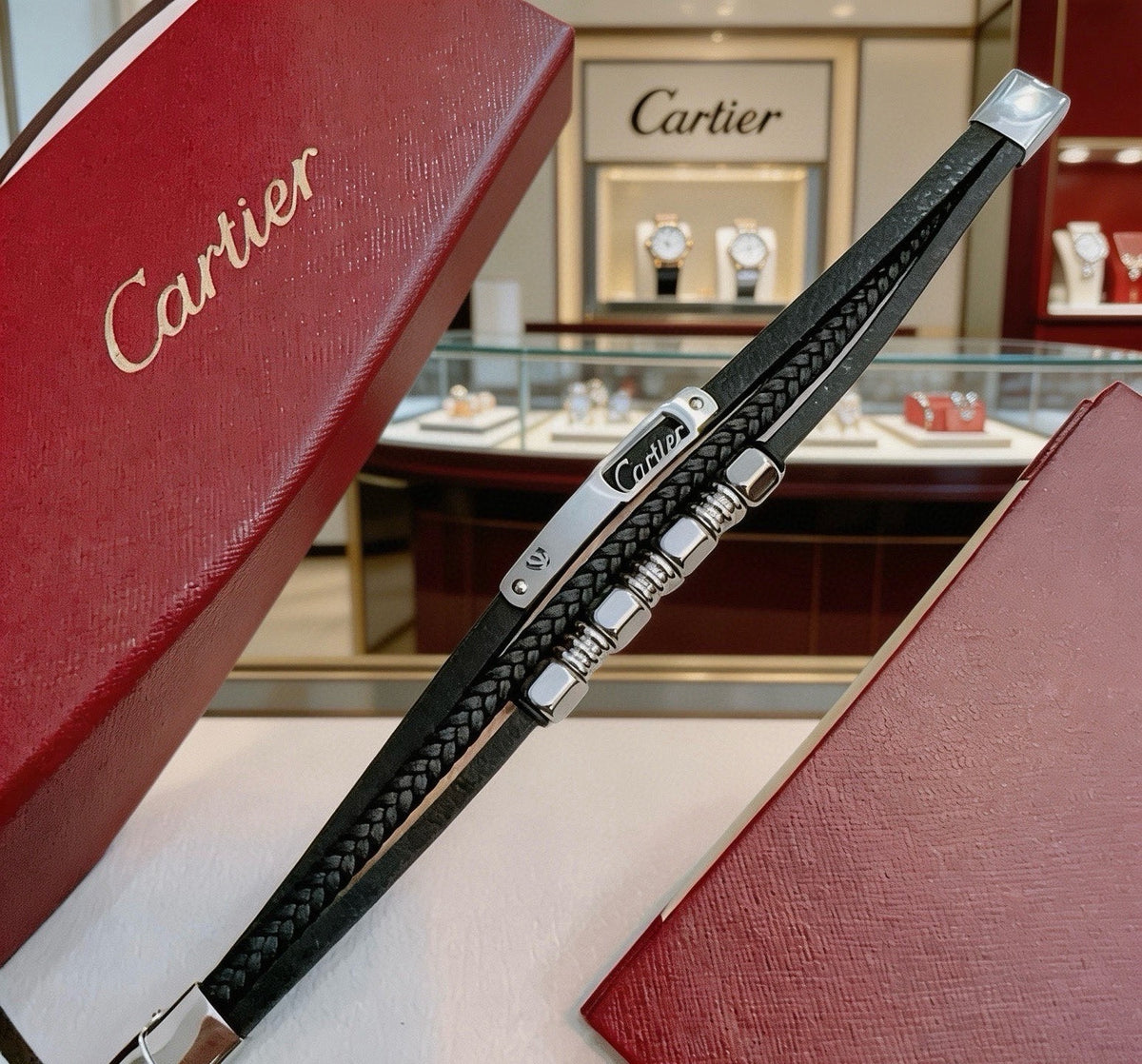Cartier Leather & Sterling Silver Chain Bracelet