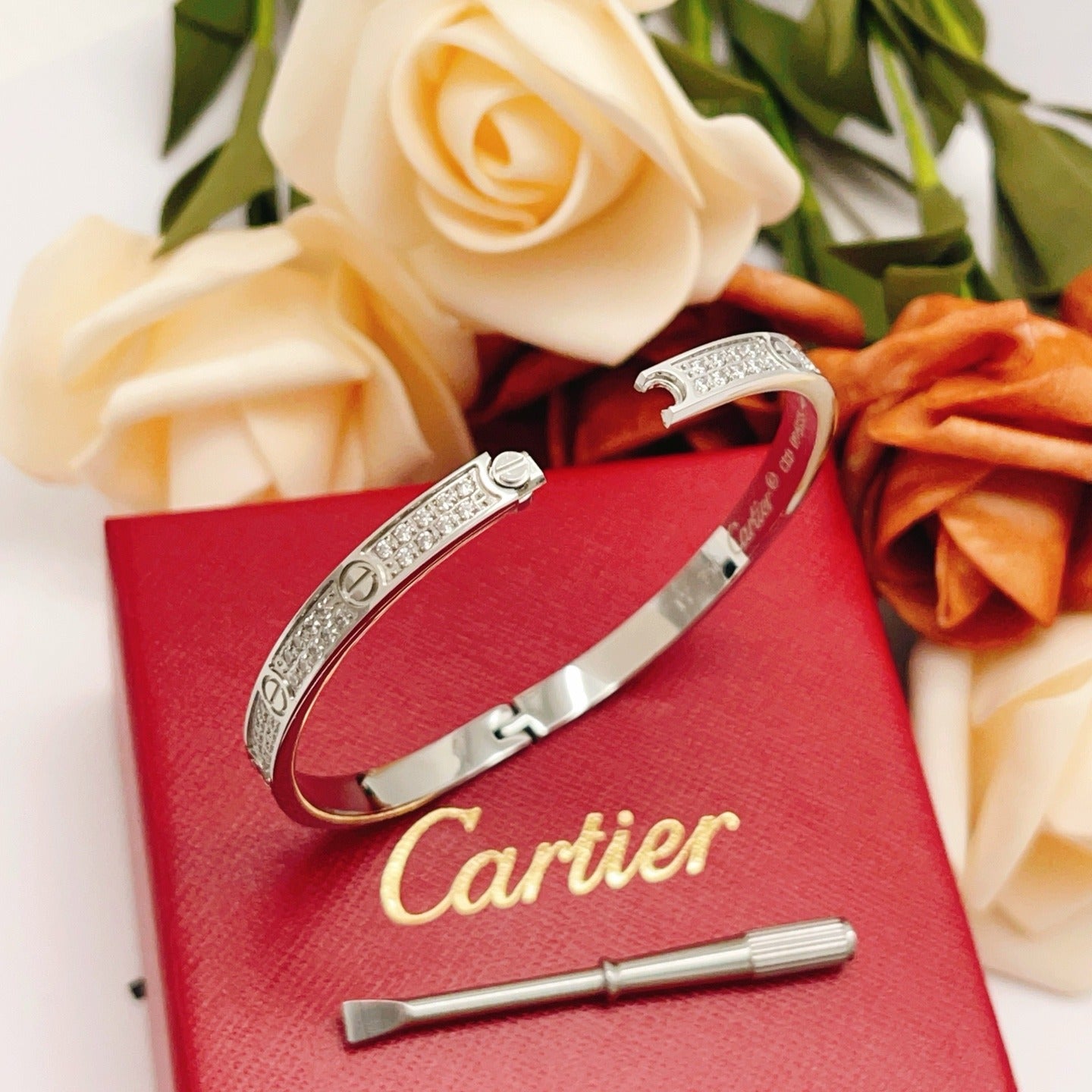 Cartier Silver Brass Pave Bracelet