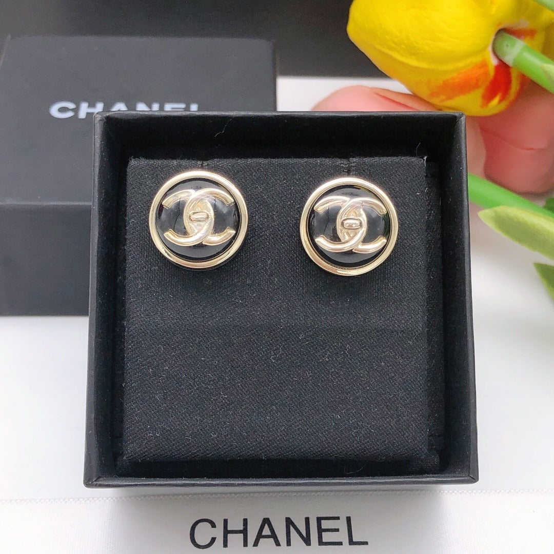 Chanel Black Brass Round Earrings