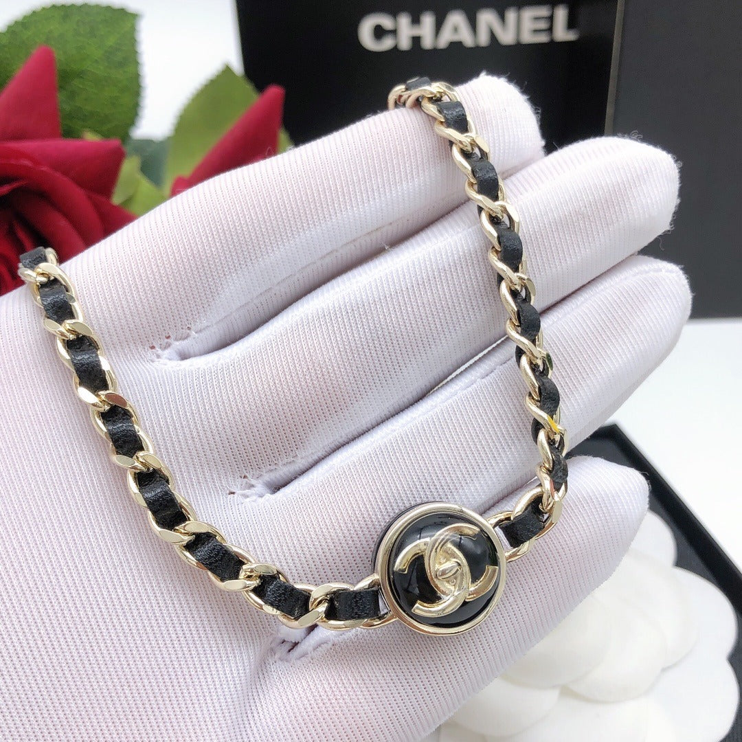Chanel Black Leather Round Necklace