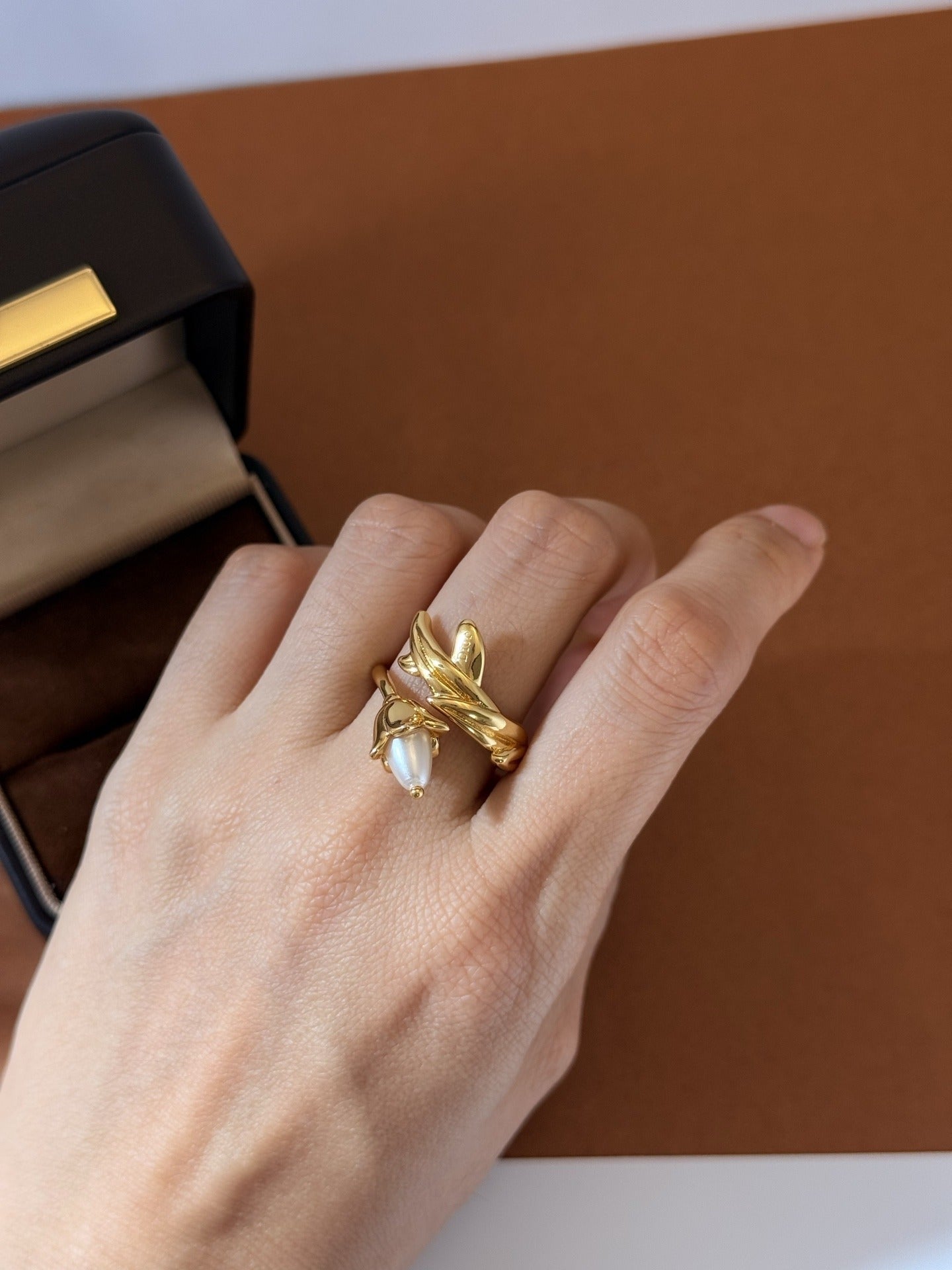 Dior Gold Brass Pearl Ring