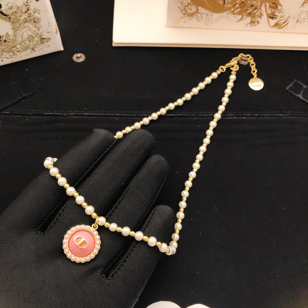 Dior Pink Brass Pearl Necklace