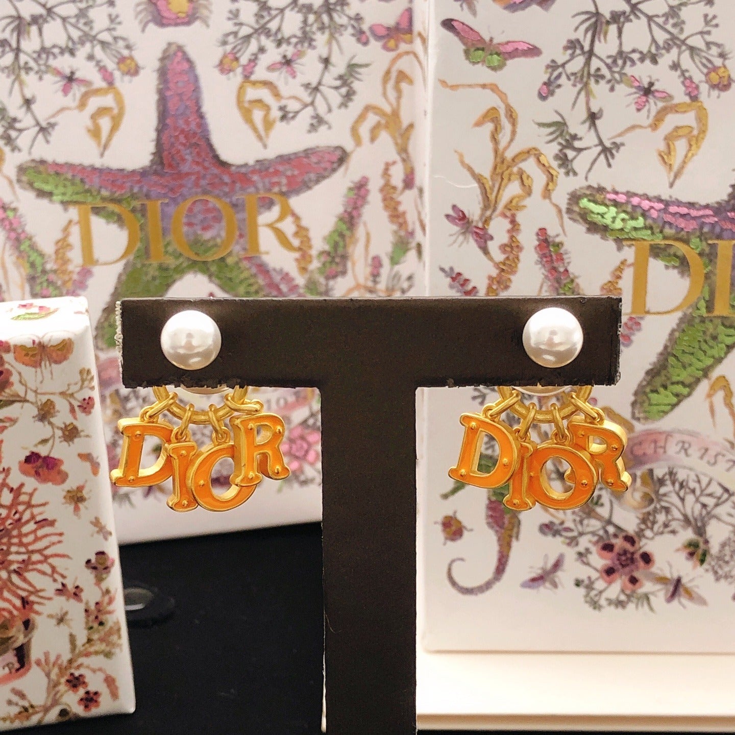 Dior Orange Brass Logo Earrings