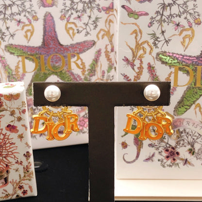 Dior Orange Brass Logo Earrings