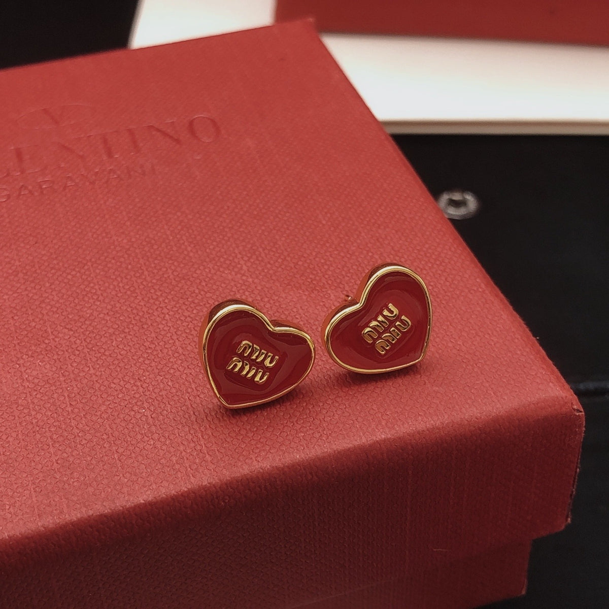 Miu Miu Red Brass Heart Earrings