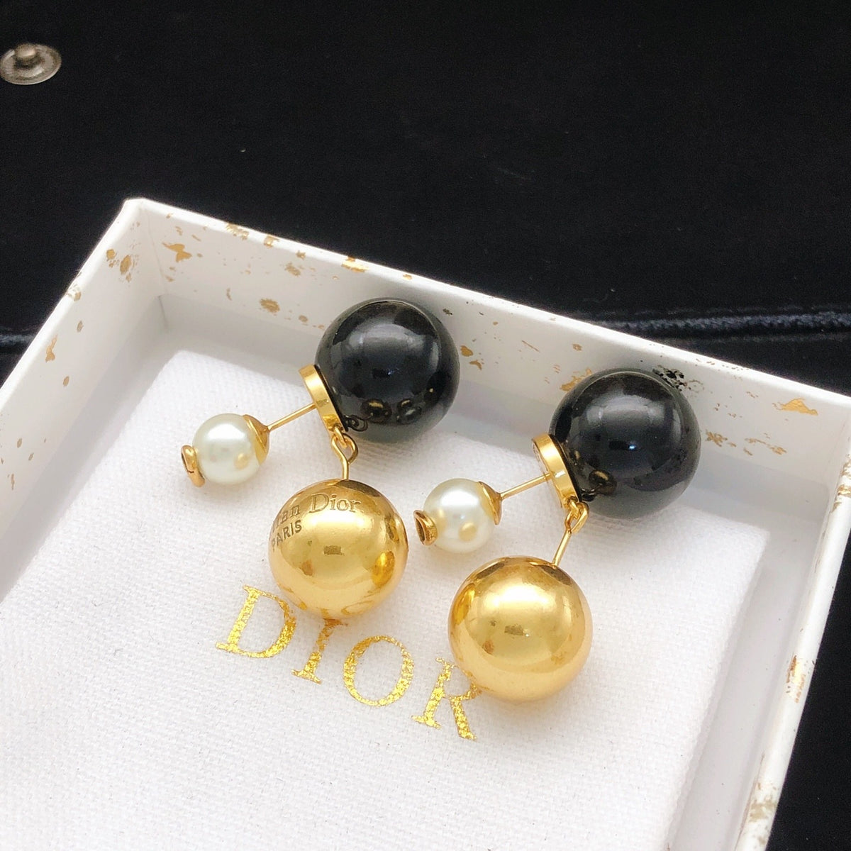 Dior Black Brass Pearl Earrings