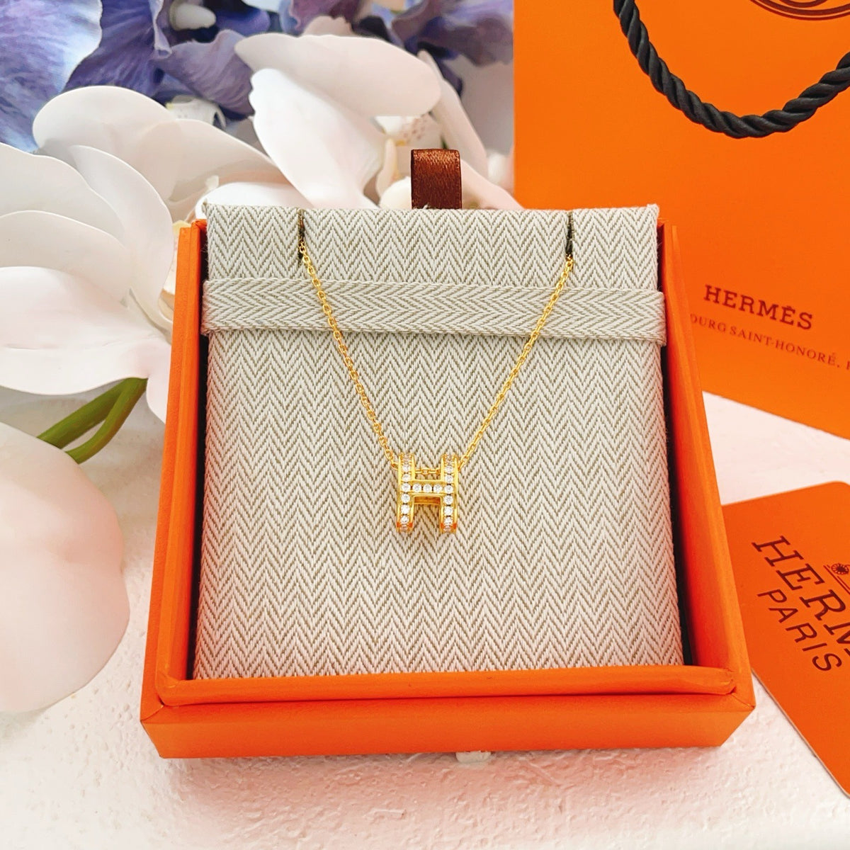 Hermes Gold Brass Pave Necklace