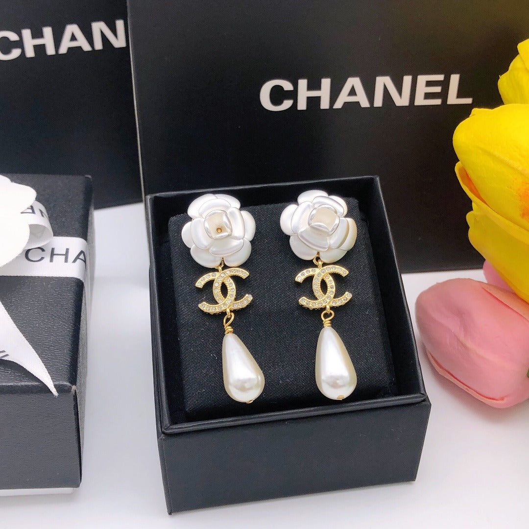 Chanel White Floral Earrings