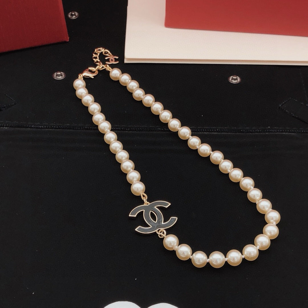 Chanel Black Brass Pearl Necklace