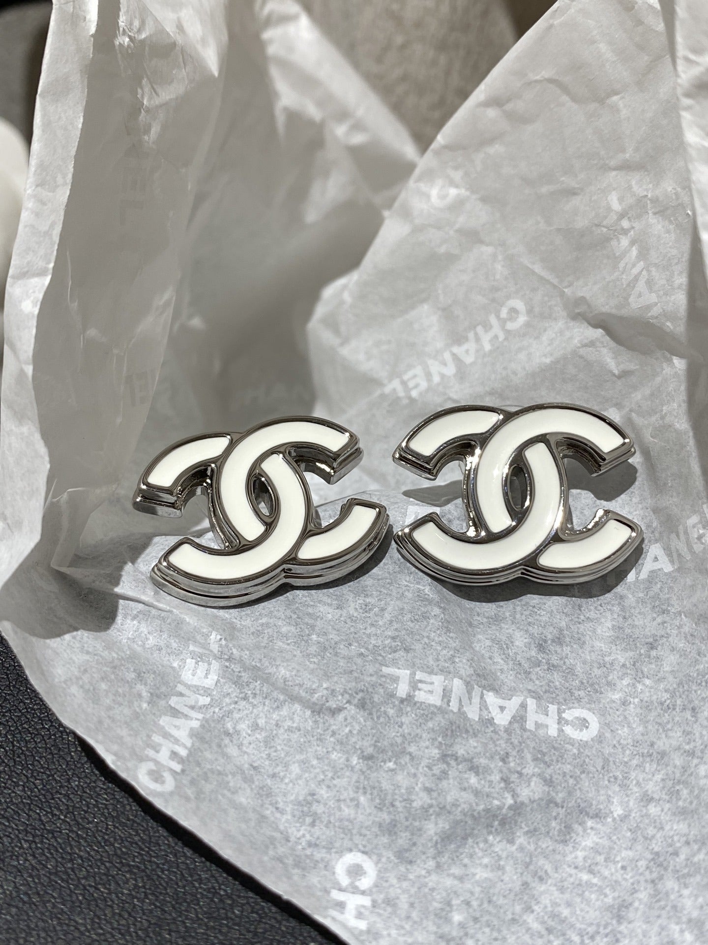 Chanel White Enamel Earrings