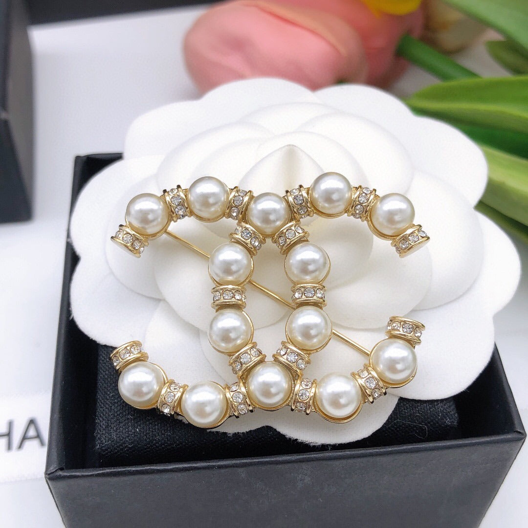 Chanel Brass & Sterling Silver Pearl Brooch