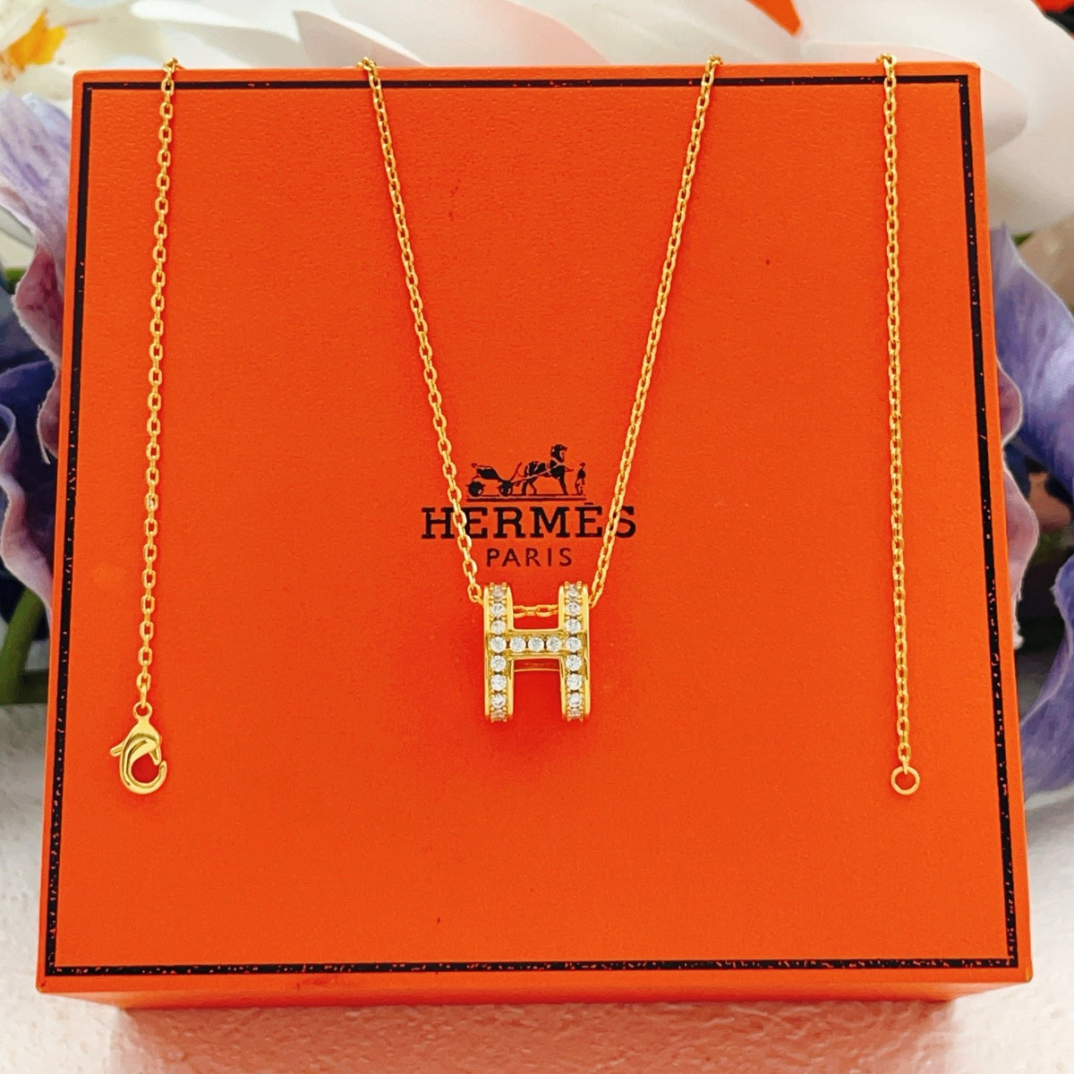 Hermes Gold Brass Pave Necklace